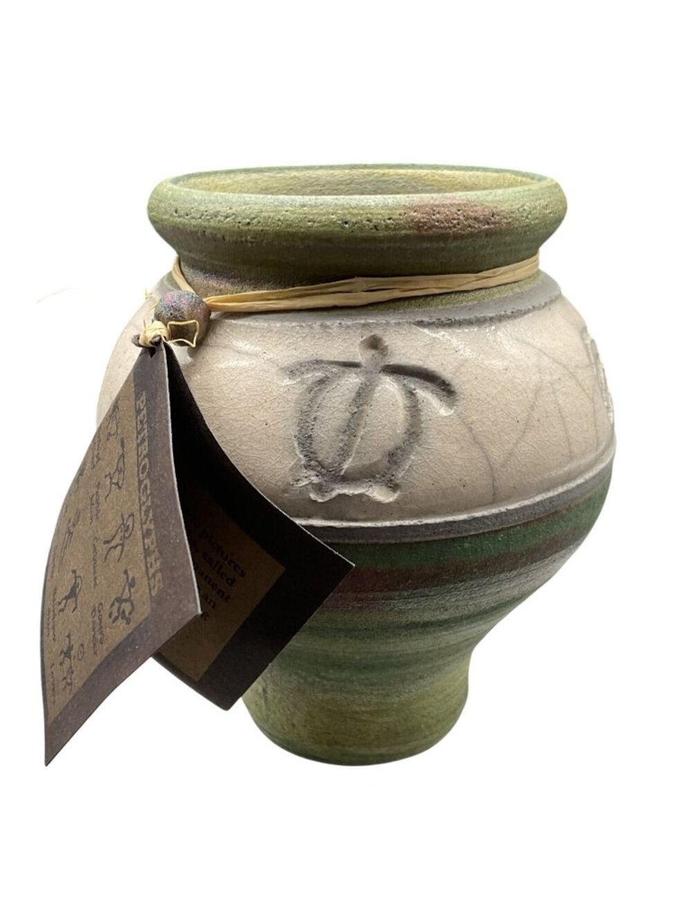 C Matti Raku Vase Hawaii Petroglyph Art Pottery Green Cream 4.5" with Tags